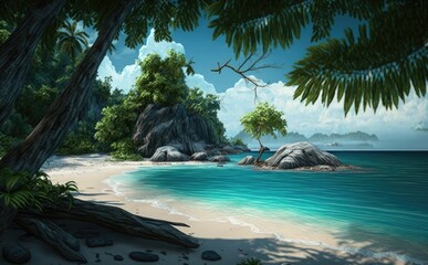 Naklejka na ściany i meble Beautiful sea beach on a tropical island, Palms on empty tropical sand beach