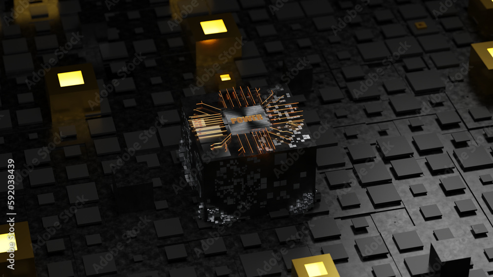 Aufkleber 3d rendering of an abstract background of many cubes and tiles in black. the main cube is in the cen