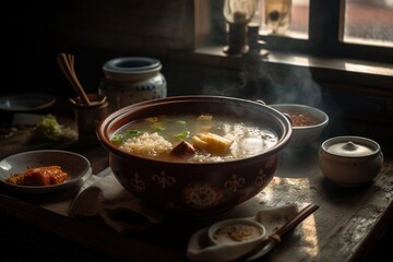 A warm, steaming bowl of hot and sour soup, wonton soup, featuring an array of flavors and ingredients, set in a cozy, atmospheric Chinese restaurant. Generative AI