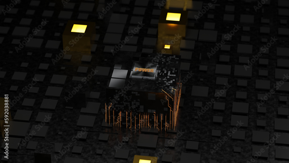 Poster 3d rendering of an abstract background of cubes and tiles. a large cube in the center with a platinu