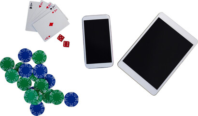 Electronic gadgets and playing cards on white background