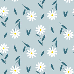 Seamless pattern of hand drawn retro style daisy flowers on isolated blue background. Design for springtime, Mother’s day, Easter celebration, scrapbooking, nursery decor, home decor, paper crafts.