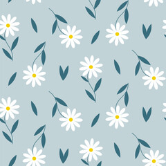 Seamless pattern of hand drawn retro style daisy flowers on isolated blue background. Design for springtime, Mother&rsquo;s day, Easter celebration, scrapbooking, nursery decor, home decor, paper crafts.