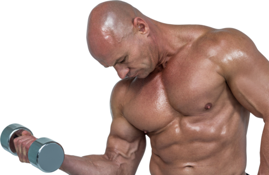 Shirtless athlete lifting dumbbells