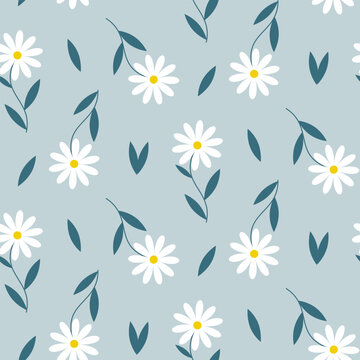 Seamless pattern of hand drawn retro style daisy flowers on isolated blue background. Design for springtime, Mother’s day, Easter celebration, scrapbooking, nursery decor, home decor, paper crafts.