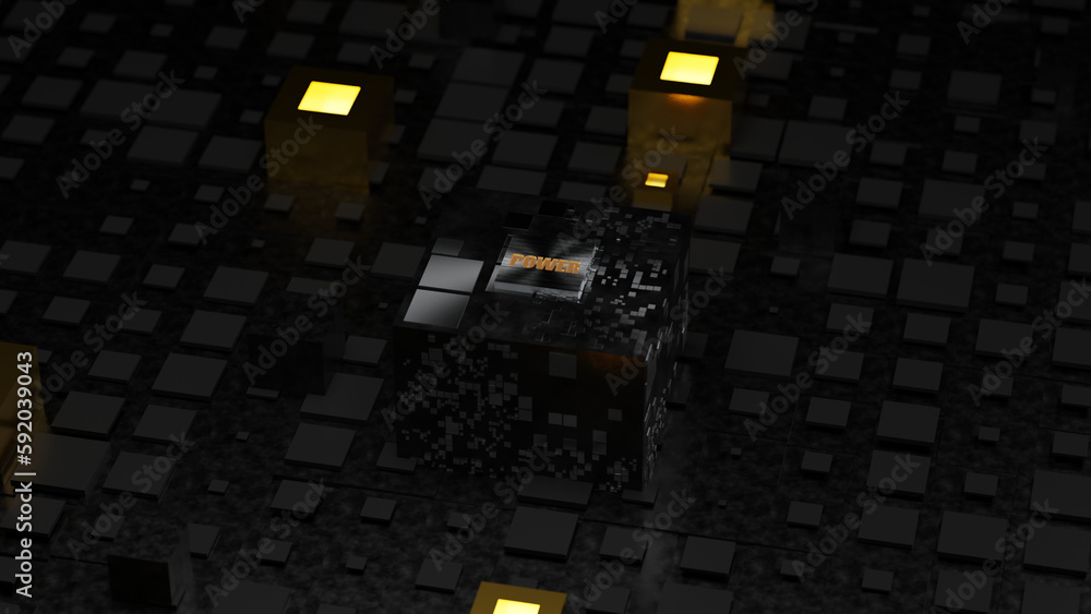 Poster 3d rendering of an abstract background of cubes and tiles. a large cube in the center with a platinu