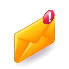 Isometric 3D icon yellow envelope of an email marked important. Cartoon minimal style. Vector for website