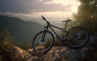 Bicycle on a mountain trail at sunset, stunning evening views