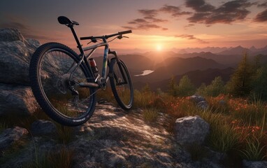 Fototapeta na wymiar Bicycle on a mountain trail at sunset, stunning evening views