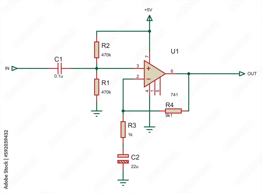 Poster schematic diagram of electronic device. vector drawing electrical circuit with operational amplifier