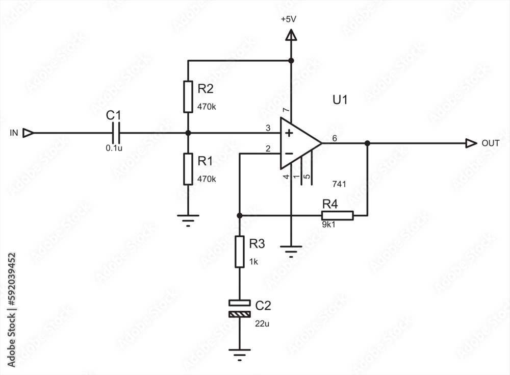 Poster schematic diagram of electronic device. vector drawing electrical circuit with operational amplifier