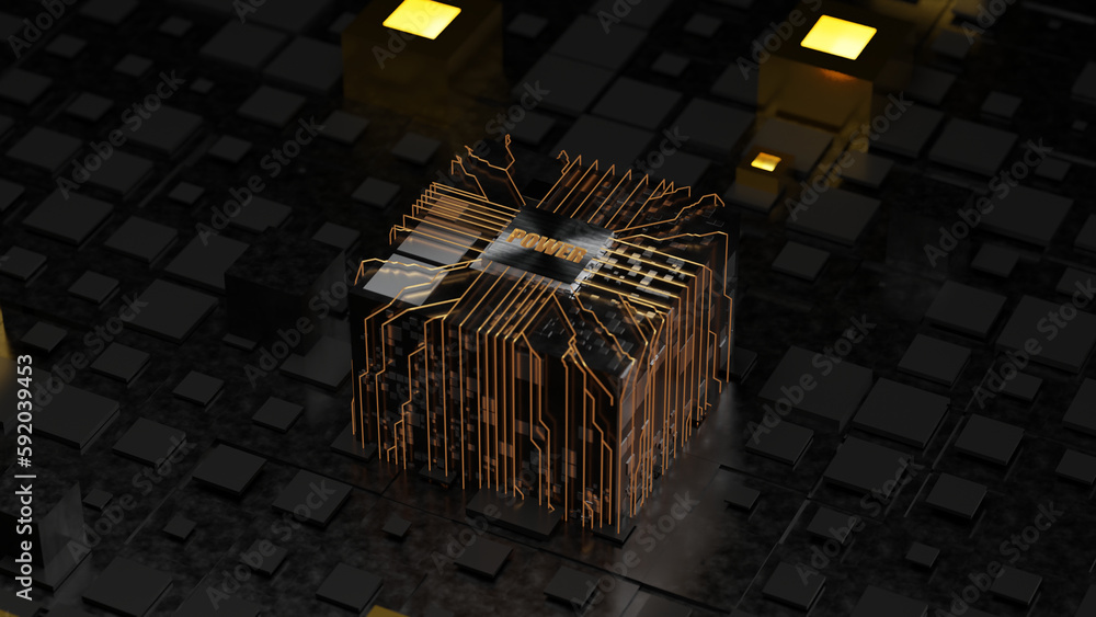 Poster 3d rendering of an abstract background of cubes and tiles. a large cube in the center with a platinu