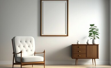 blank picture frame mockup on a wall vertical frame mockup in modern minimalist interior with plant in trendy vase on wall background, Template for painting, photo or poster