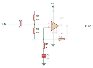 Schematic diagram of electronic device.
Vector drawing electrical circuit with operational amplifier,  resistor, capacitor and other electronic components.