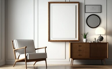 blank picture frame mockup on a wall vertical frame mockup in modern minimalist interior with plant in trendy vase on wall background, Template for painting, photo or poster	