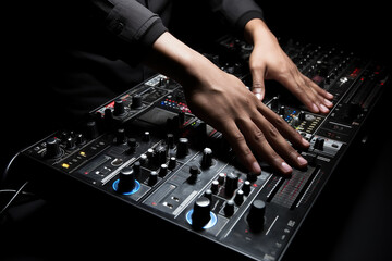 Fototapeta na wymiar Afro american DJ hands playing DJ console. Generative AI