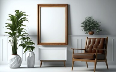 blank picture frame mockup on a wall vertical frame mockup in modern minimalist interior with plant in trendy vase on wall background, Template for painting, photo or poster