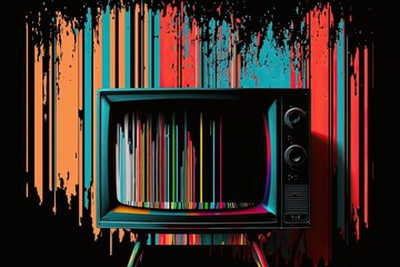 Old TV set from 70s over colorful stripes on black wall. Concept of media propaganda technology. Generative ai illustration. - 592039685