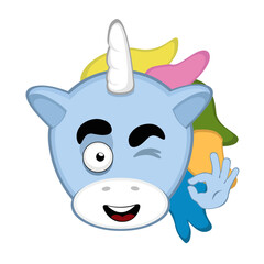 vector illustration face of unicorn cartoon, winking eye and with his hand making an ok or perfect gesture