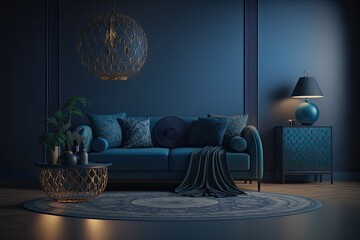 cozy living room with a blue couch and a round table as focal points. Generative AI