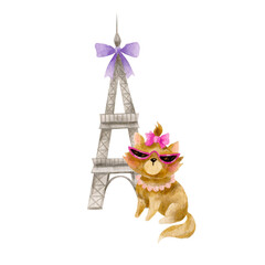 Watercolor illustration with a cute cat in Paris. Funny cat in sunglasses. A walk through Paris, a stylish cat with a pink bow. Fashion illustration with kitty.