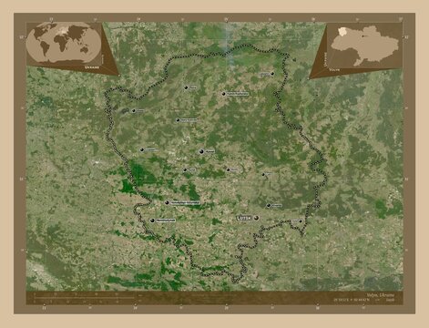 Volyn, Ukraine. Low-res satellite. Labelled points of cities