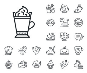 Hot drink sign. Crepe, sweet popcorn and salad outline icons. Latte coffee with Whipped cream icon. Beverage symbol. Latte coffee line sign. Pasta spaghetti, fresh juice icon. Supply chain. Vector
