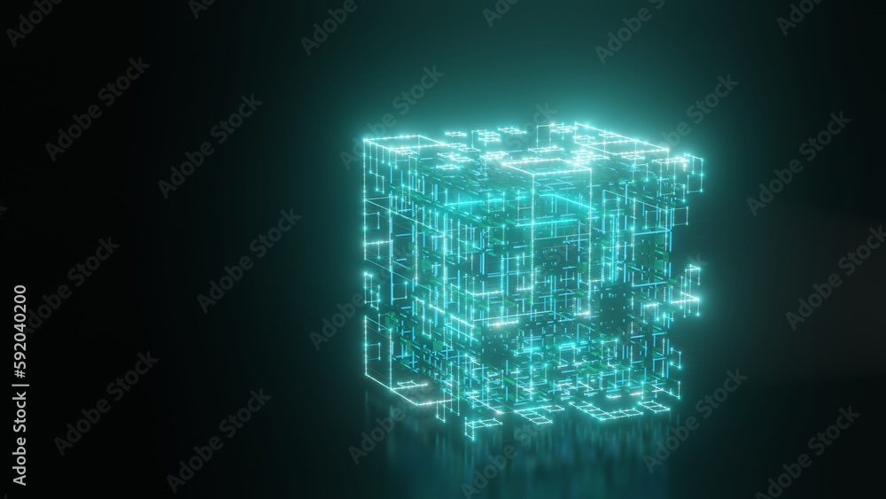 Poster 3d rendering of an abstract neon cube over a black reflective surface. the tesseract. a fantastic il