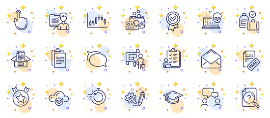 Outline set of Search document, Hand click and Mail line icons for web app. Include Inspect, Graduation cap, Candlestick graph pictogram icons. People chatting, Plan, Fast recovery signs. Vector