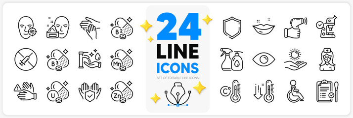 Icons set of Face cream, Insurance hand and Celsius thermometer line icons pack for app with Lips, Dont touch, Electronic thermometer thin outline icon. Sun protection, Disability. Vector