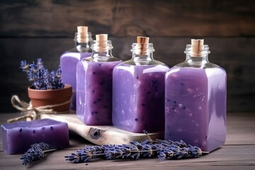 lavender spa products with dried lavender flowers on wooden table. Generative AI