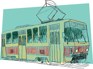 An old european ukrainian tram, hand drawn , sketch. Red and yellow tram on the rails with no people inside