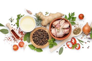 Composition with fresh spices, herbs, vegetables and oil on white background
