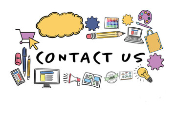 Contact us text amidst various icons