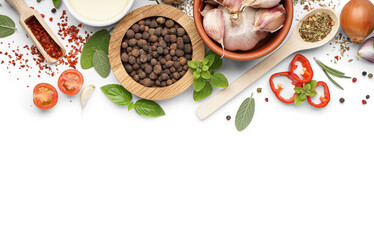 Composition with fresh spices, herbs and vegetables on white background