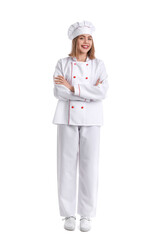 Female baker in uniform on white background