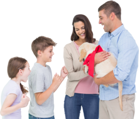 Parents gifting puppy to children against white background