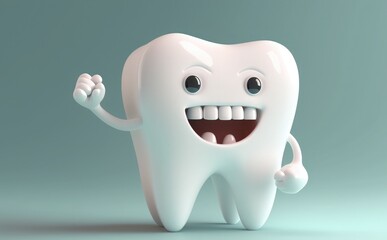 happy white tooth cartoon characters with 3D realistic thumbs up on bright background
