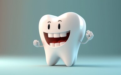 happy white tooth cartoon characters with 3D realistic thumbs up on bright background