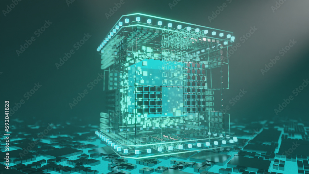 Poster 3d rendering of the tesseract. quantum computing installation. the qubit generator. the processor of