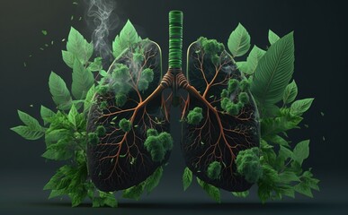 Human healthy lungs. Fresh green lungs full of leaves. Clean lungs Air purification, Ecological concept, Tree branch Generative AI