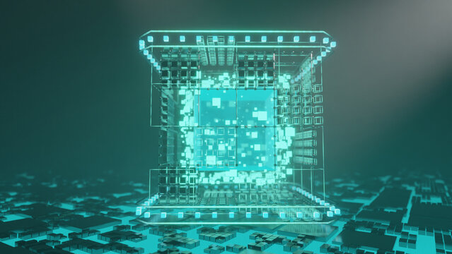 3d rendering of an abstract power plant. A quantum reactor. Glowing cubes and neon rays. Abstract illustration of a reactor, the electronic computing power of a quantum computer.