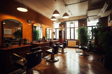 Woman at hairdresser modern salon. Hairdresser in styling and cutting hair. Generative AI.