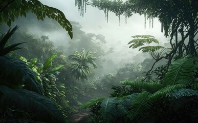 Landscape with rainforest or rainforest morning fog