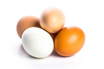 Chicken eggs on white background. Generative AI.