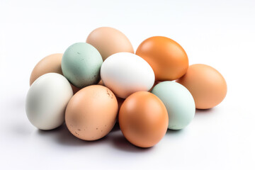Chicken eggs on white background. Generative AI.
