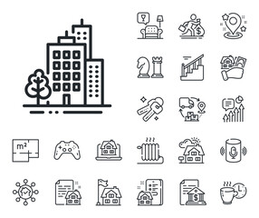City architecture with tree sign. Floor plan, stairs and lounge room outline icons. Buildings line icon. Skyscraper building symbol. Buildings line sign. House mortgage, sell building icon. Vector