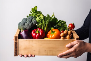 Human holding wooden box of different vegetables on a white background. Generative AI.