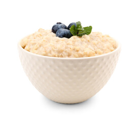 Bowl with tasty oatmeal, blueberries and mint isolated on white background