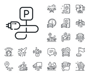 Car charge place sign. Plane, supply chain and place location outline icons. Charging parking line icon. Electric power plug symbol. Charging parking line sign. Vector